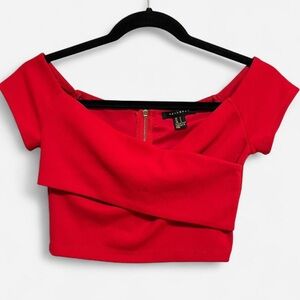 Revamped Red Asymmetrical Crop Top with Cap Sleeves